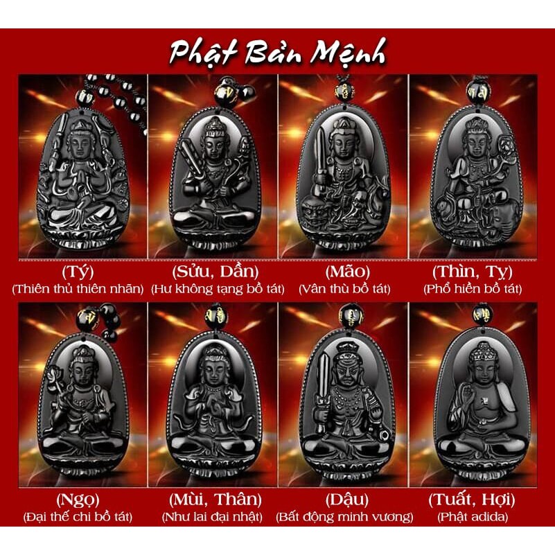 Vòng cổ dây chuyền mặt phật bản mệnh 12 vị phật cho 12 tuổi size 4.7cm x 3cm đá Obsidian - Tặng kèm theo dây