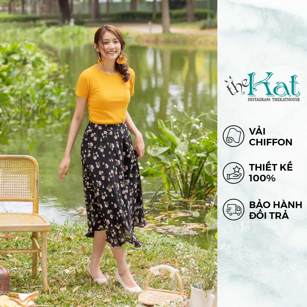 Chân Váy Hoa Nhí The Kat House, vải chiffon nhập Hàn dáng dài, thanh lịch, nhẹ nhàng