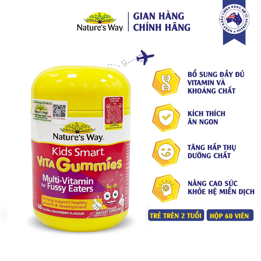 Kẹo Dẻo Cho Bé Natures Way Kids Smart Vita Gummies Multi Vitamin for Fussy Eaters Kích Thích Ăn Ngon 60 Viên