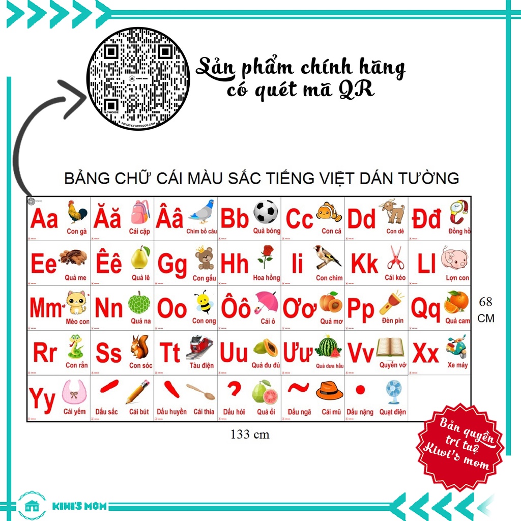 DECAL Bảng chữ cái màu sắc KIWI'S MOM 4 lớp cao cấp chống nước