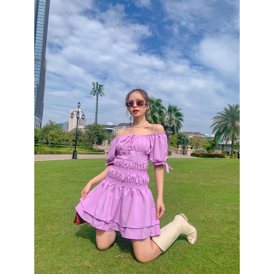 ĐẦM BO CHUN EO 2 MÀU TRẮNG TÍM - ICE DRESS