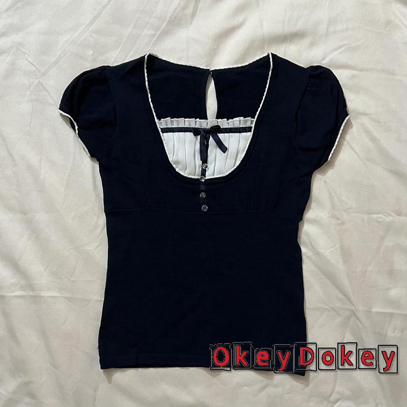 Áo croptop cổ vuông tay phồng đính nơ phong cách Hàn Quốc cổ điển cho nữ Y2K