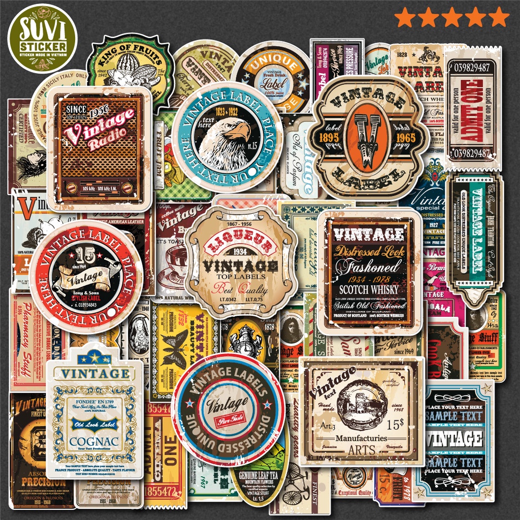 50 Sticker Vintage Stamp chống nước sticker dán mũ bảo hiểm, laptop ...