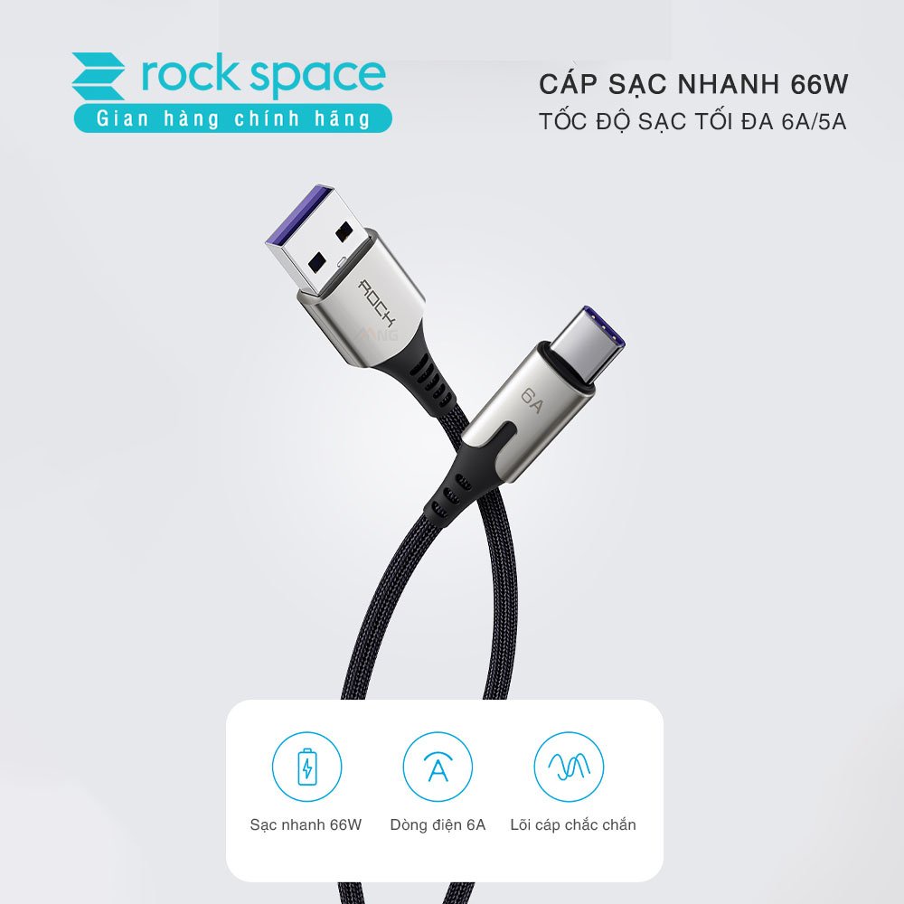 Dây cáp sạc nhanh Rockspace M1 chuẩn Type C sạc nhanh 6A dây dù cho Samsung, Oppo - hàng chính hãng bảo hành 12 tháng