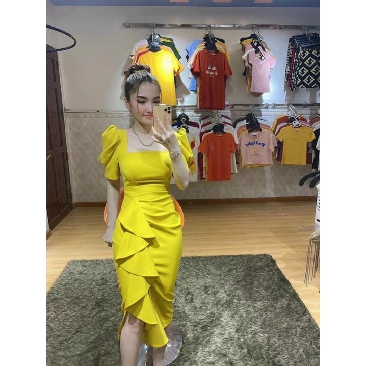 Đầm đi tiệc nữ tay phồng, đầm ôm body cổ vuông, đầm nữ xẻ tà xòe bèo, váy ôm body nữ sang chảnh, váy nữ đi tiệc đơn giản