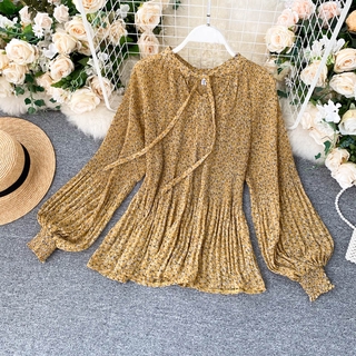 Phong cách hàn quốc nữ voan hoa dài tay áo baju baju wanita lengan panjang