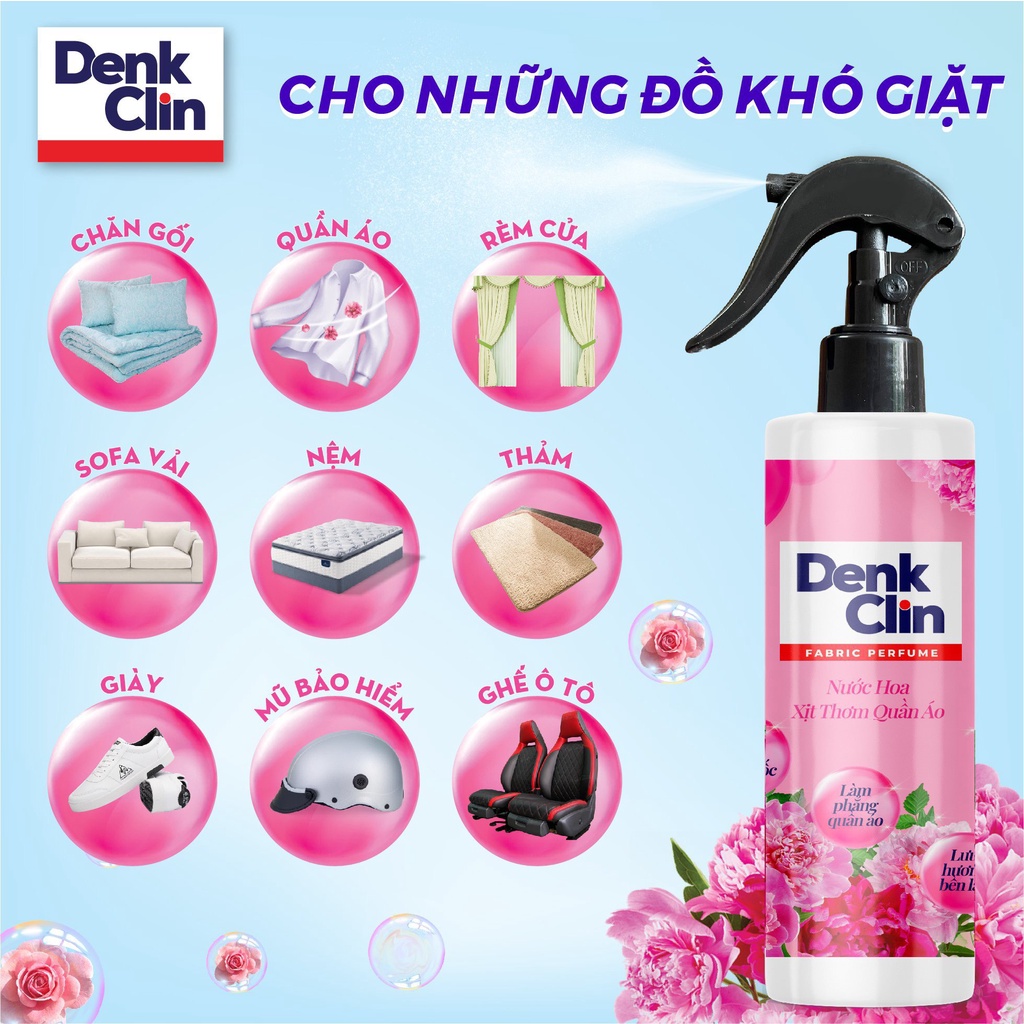 Xịt thơm quần áo xả vải khô Denkclin 200ml lưu hương lâu làm mềm vải không gây kích ứng da