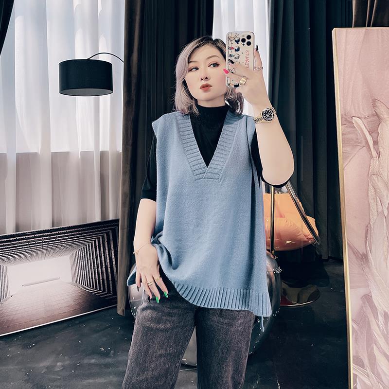 Áo Vest nữ cỡ lớn thời trang dệt kim cổ chữ V dáng rộng