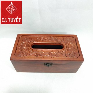 Hộp đựng giấy ăn GỖ HƯƠNG chạm khắc hoa hồng leo có viền( LOẠI TO - ẢNH THẬT)