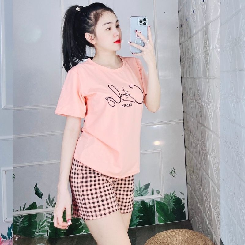 Đồ bộ nữ đồ mặc nhà Bigsize thun cotton chữ thêu quần đùi carô co giãn Sét đồ bộ nữ dễ thương trung niên ESHOP DB19