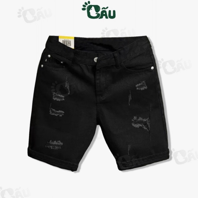 Quần short jean đen Nam Gấu 194 rách vải jeans bò co dãn, mềm mịn form slimfit – 226 – 305