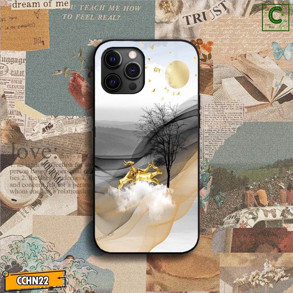 Ốp lưng iphone mặt kính cao cấp  - Hươu vàng tài lộc may mắn cưỡi mây - 6/6plus/6s/6splus/7/7plus/8/8plus/x/.....