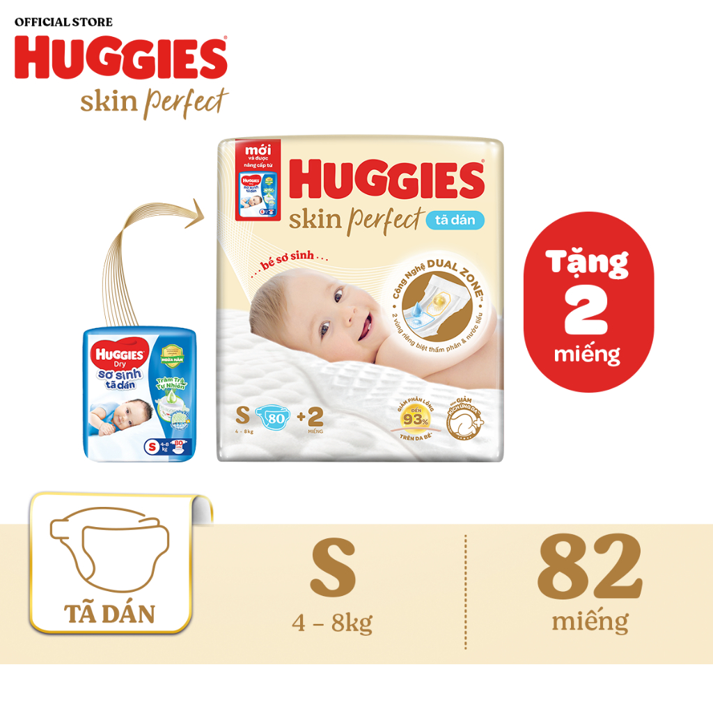 Ảnh Tã/bỉm dán sơ sinh Huggies Skin Perfect S 80+2 miếng với 2 vùng thấm giảm kích ứng da 1