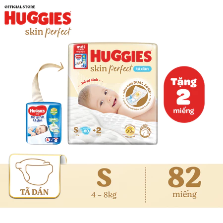 Tã/bỉm dán sơ sinh Huggies Skin Perfect S 80+2 miếng với 2 vùng thấm giảm kích ứng da