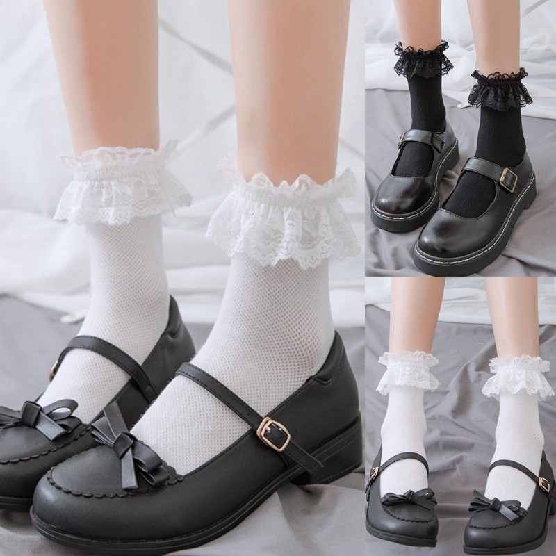 Woke Nữ Cô Gái Ngọt Ruffle Frilly Ren Ngắn Phi Hành Đoàn Tất Gothic Lưới Hàng Dệt Kim