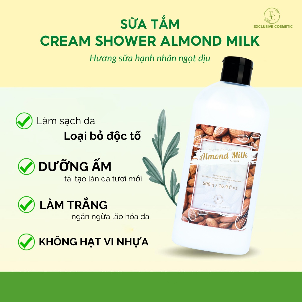 Sữa tắm chiết xuất quả và tinh dầu hạnh nhân EXCLUSIVE COSMETIC Cream Shower Almond Milk 500ml