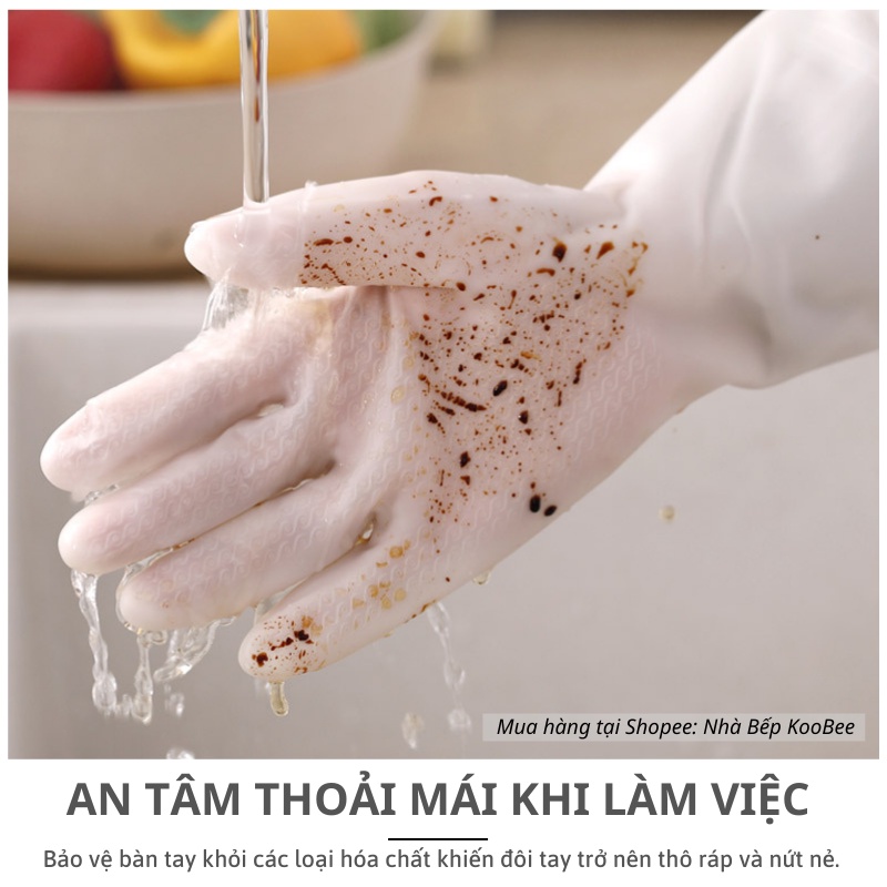 Găng Tay Rửa Bát Cao Su Dài KOOBEE – Lót Bông Nỉ, Siêu Dai Không Mùi, Rửa Bát Mùa Lạnh Không Buốt Tay (NB38)