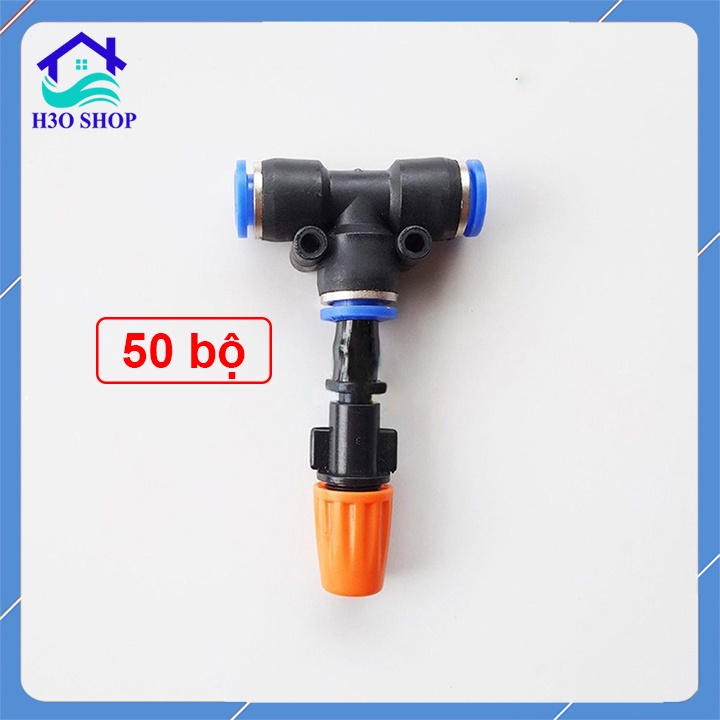 50 bộ béc tưới phun sương 1 hướng cam kèm tê nối ống 8mm (tùy chọn van chống rỉ)