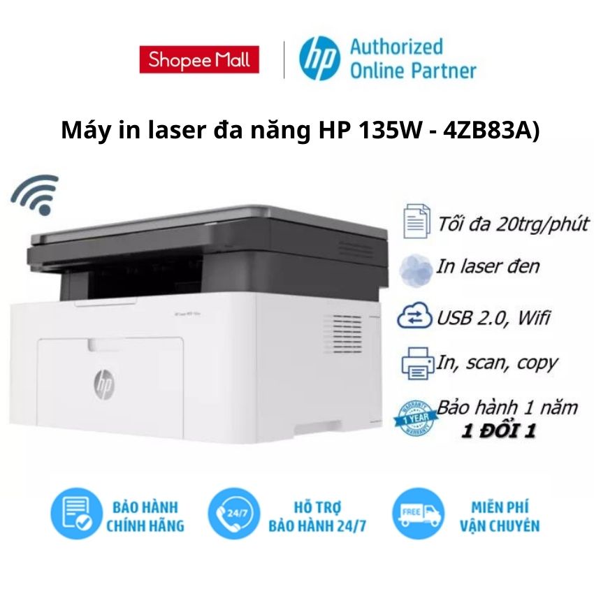 [Mã ELHPPK giảm 10% đơn 500K] Máy in laser đen trắng đa chức năng HP 135A/135W - In, scan,copy