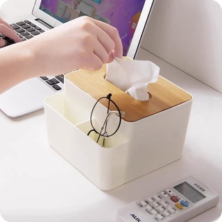 Hộp đựng khăn giấy nắp gỗ đa năng tiện lợi, đựng điều khiến, giấy bút, khe rút giấy lớn dễ dàng sử dụng { H }