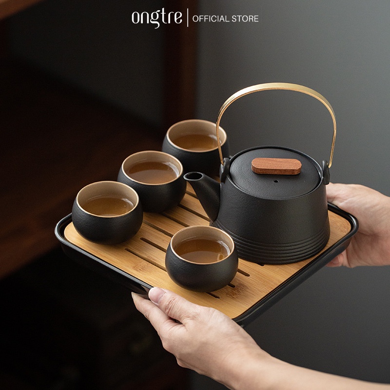 Bộ ấm trà ONGTRE bằng gốm sứ tử sa, mạ bạc nguyên chất, quà tặng sang trọng cho tổ chức, cá nhân