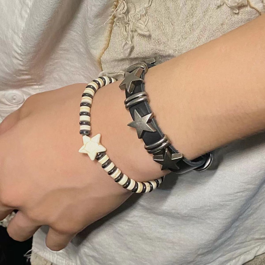 Vòng Tay Da Mặt Hình Ngôi Sao Phong Cách Harajuku Cho Nam Và Nữ