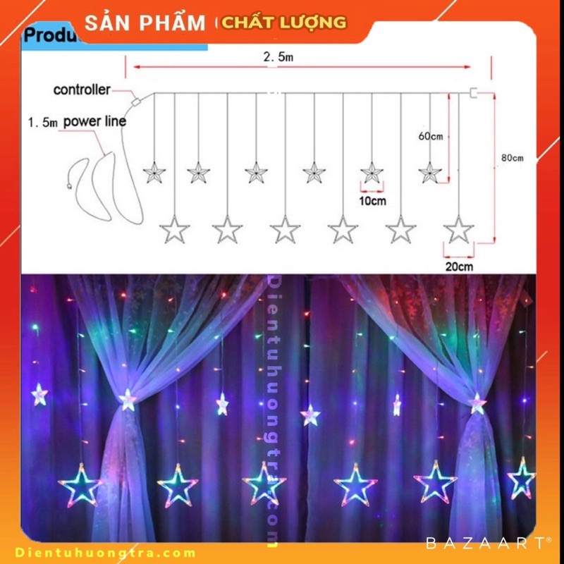 Bộ Màn Đèn LED Chớp 12 Ngôi Sao Đa Sắc Trang Trí Nhà Cửa, Quán Cà Phê, Tiệc.