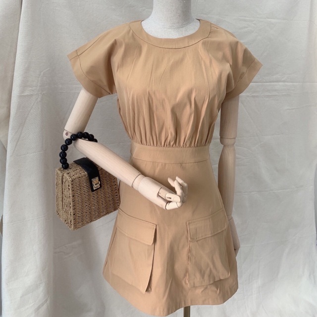 ĐẦM NÂU CỔ TRÒN PHỐI TÚI 🍀 Shopee Việt Nam