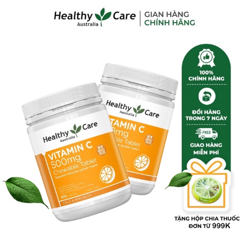 Combo 2 hộp Viên nhai Healthy Care Vitamin C - Hỗ trợ sức khỏe, tăng cường đề kháng,  làm sáng da (500 viên)