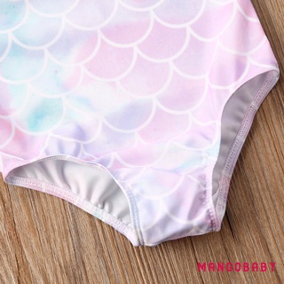 Bộ đồ tắm một mảnh MG-Baby Girls, Đồ bơi in vảy cá không tay, Đồ bơi đường viền cổ hoa xếp nếp