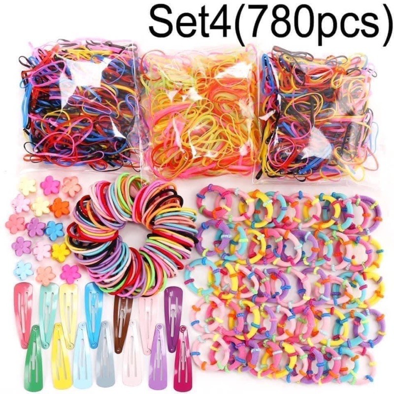 Set kẹp chun buộc tóc 780 chi tiết nhiều màu sắc cho bé gái