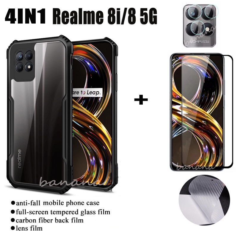 Ốp lưng chống sốc 4in1 Realem 8i / Realme 8 pro / Realme8 5G Phim kính cường lực và phim ống kính máy ảnh và Carbon da