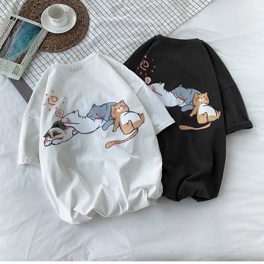 Áo thun unisex tay lỡ dáng rộng - con mèo lười biếng