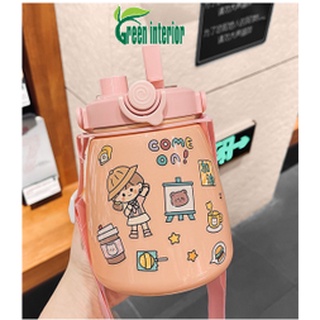 Bình nước giữ nhiệt Greeninterior 880ml, bình đựng nước cute có ống hút, inox 304 cao cấp kèm hình dán 3D Màu Hồng