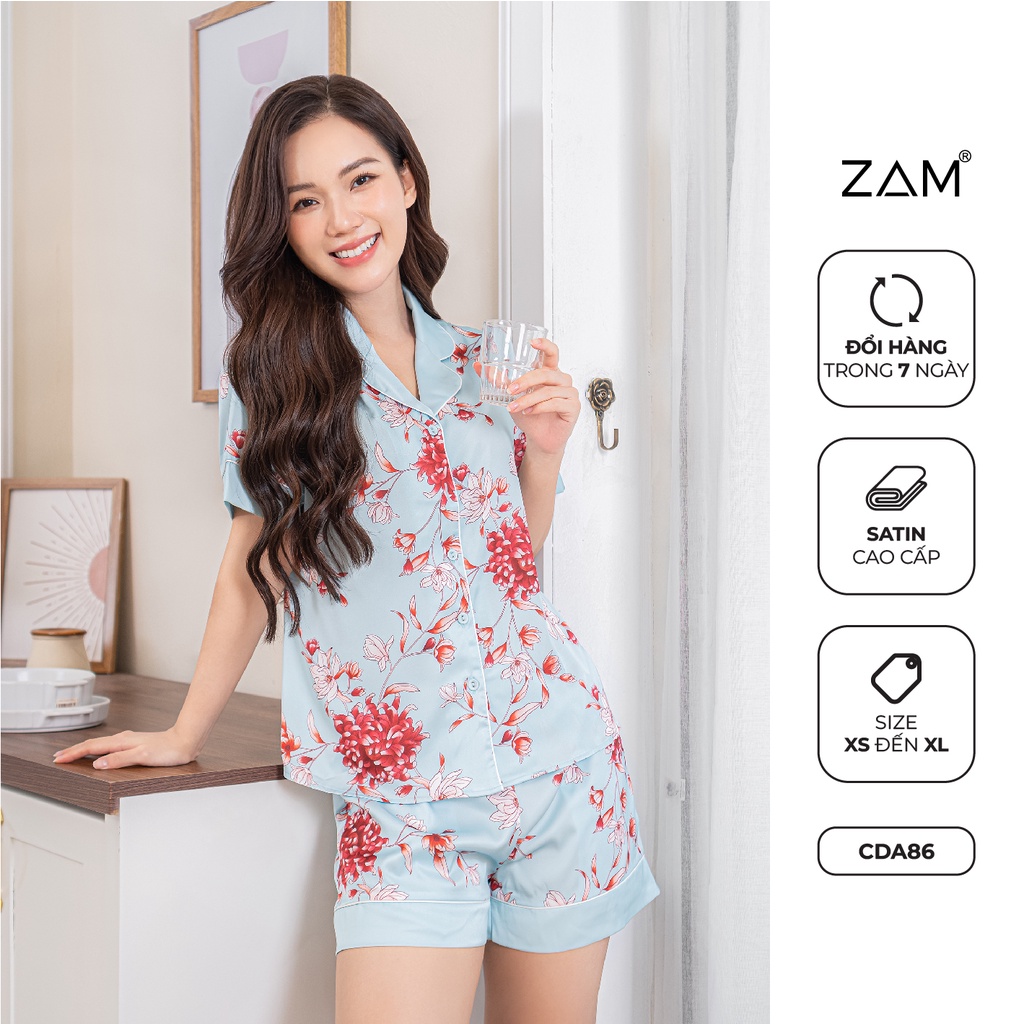 Bộ ngủ satin ZAM Luxury - CDA86 - áo ngắn tay quần đùi hoạ tiết
