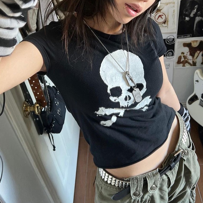 OKDK-y2k Women Fashion Round Neck Skull Print Knitting Party Casual Tops Elastic Shirts