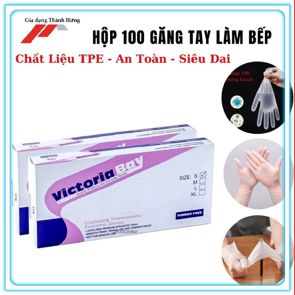 (Hộp 100 Chiếc) Găng Tay Cao Su TPE Victoria Bay, Bao Tay Siêu Dai Dùng 1 Lần Làm Bếp Nấu Ăn Vệ Sinh