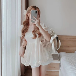 SET ÁO CỔ V NƠ NGỰC TAY BỒNG + SHORT TRẮNG ⚡HỎA TỐC⚡ BÁNH BÈO