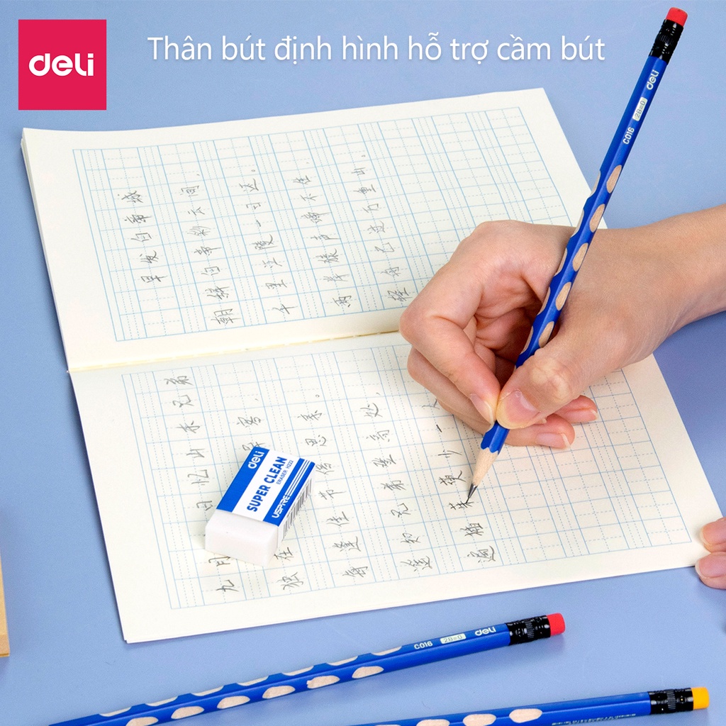 Hộp 12 Cây Bút chì định vị lục giác Graphite Pencil 2B/HB Deli - Thân gỗ mềm, Dễ gọt, Kèm đầu tẩy tiện dụng