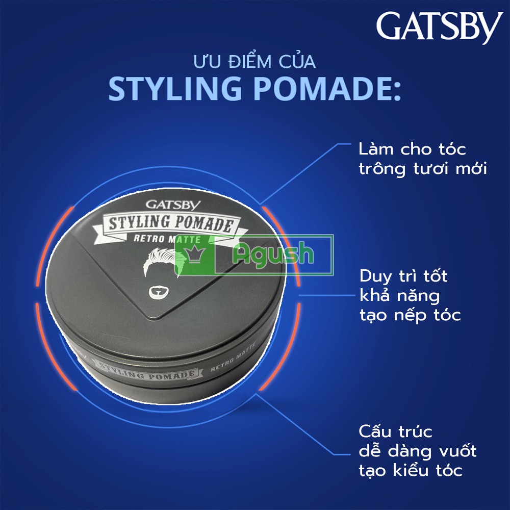 Pomade gốc nước vuốt tóc khô chính hãng Gatsby Styling Pomade Wax Water Based Retro Matte 75g tạo kiểu không bóng giá rẻ