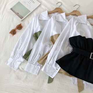 Phong cách hàn quốc nữ nữ dài tay eo áo sơ mi áo baju wanita lengan panjang + thắt lưng