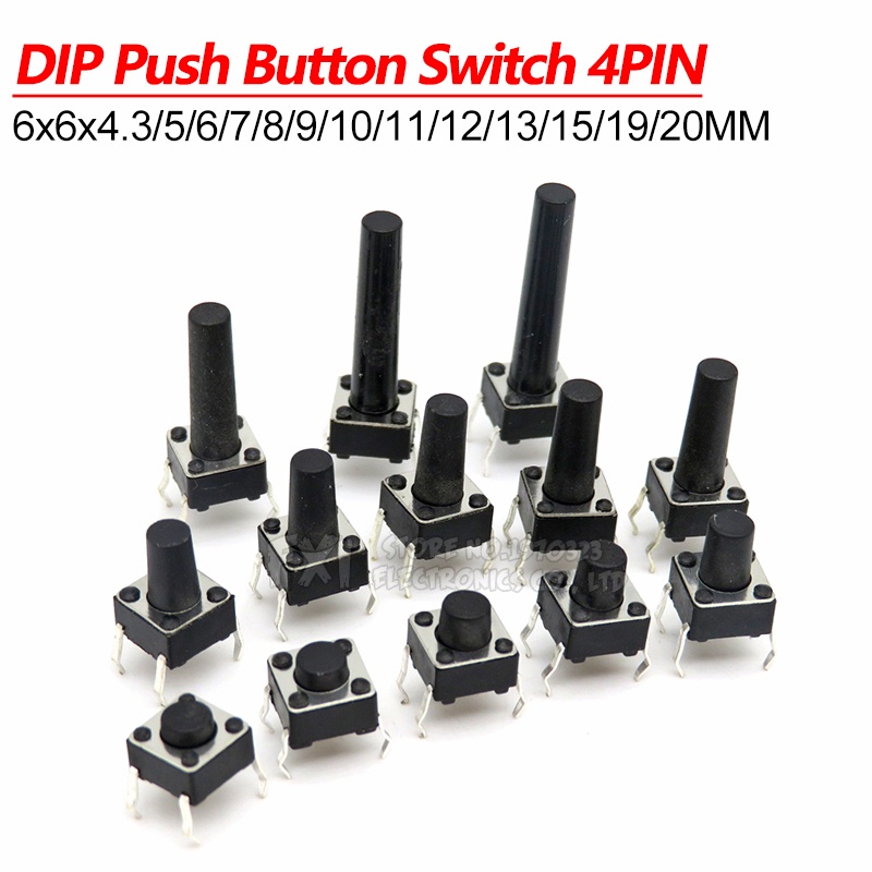 50 stks 6x6x4.3/5/6/7/8/9/10/11/12/13/14/22 MM Tact Switch Drukknop 4PIN Micro Switch (6X6X4.5H
