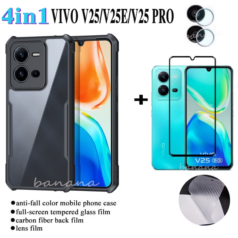 (4IN1) VIVO V25 V25E V25 PRO Y35 Vỏ điện thoại chống sốc + màng kính cường lực + màng mặt sau bằng sợi carbon + màng ống kính