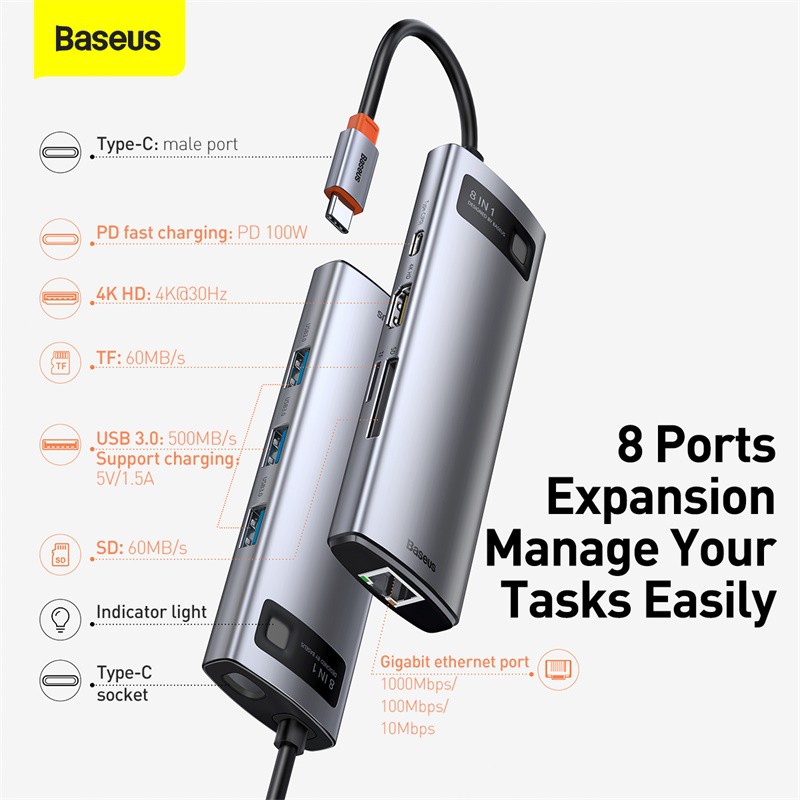 Baseus USB C Hub chia cổng Type C sang HDMI USB 3.0 PD100W 4K thích hợp cho Mac Dell Xiaomi Samsung Huawei
