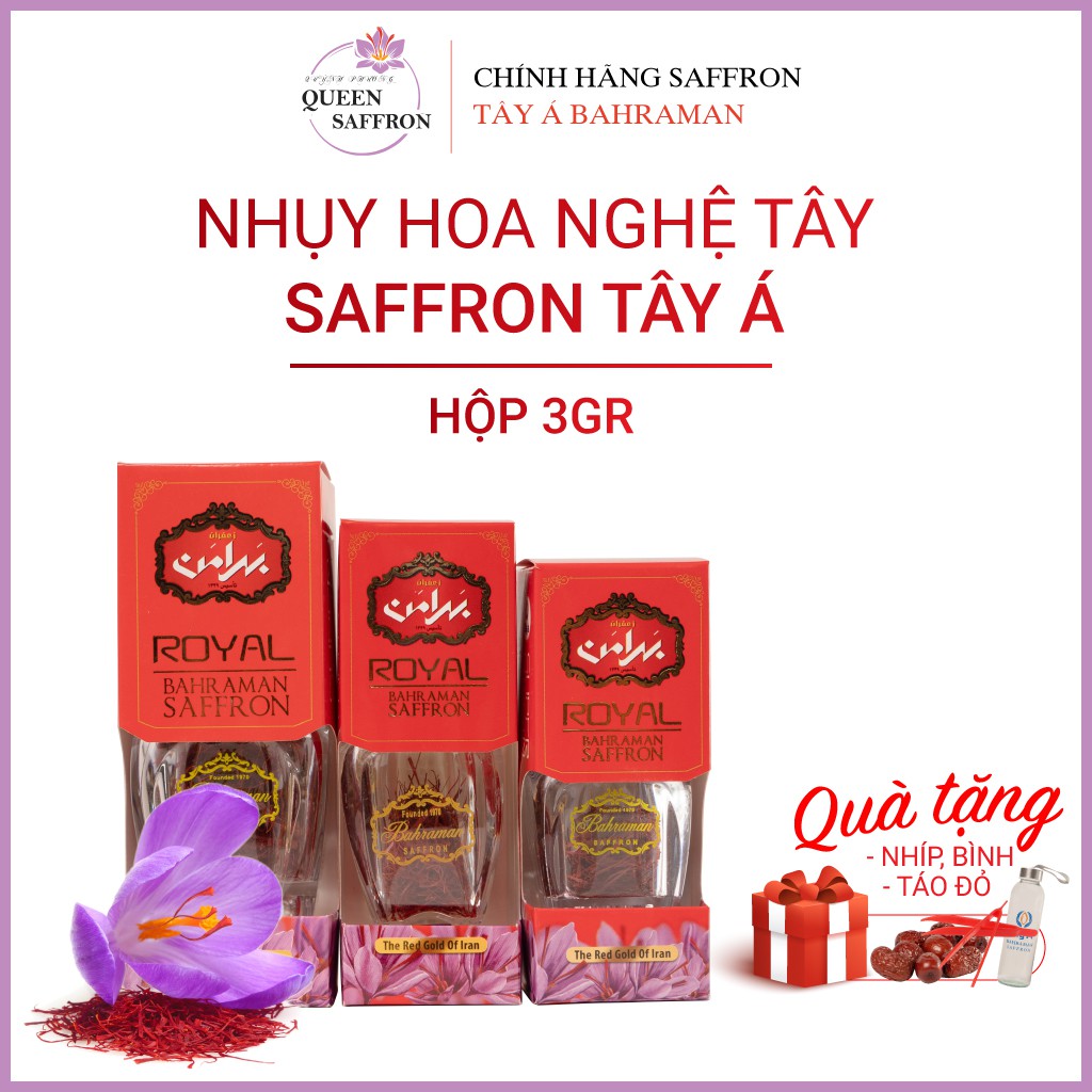 Nhụy hoa nghệ tây Saffron Tây Á hũ 3gr sợi to, dài, đỏ - Chính hãng  Bahraman, nhập khẩu chính ngạch Royal Iran