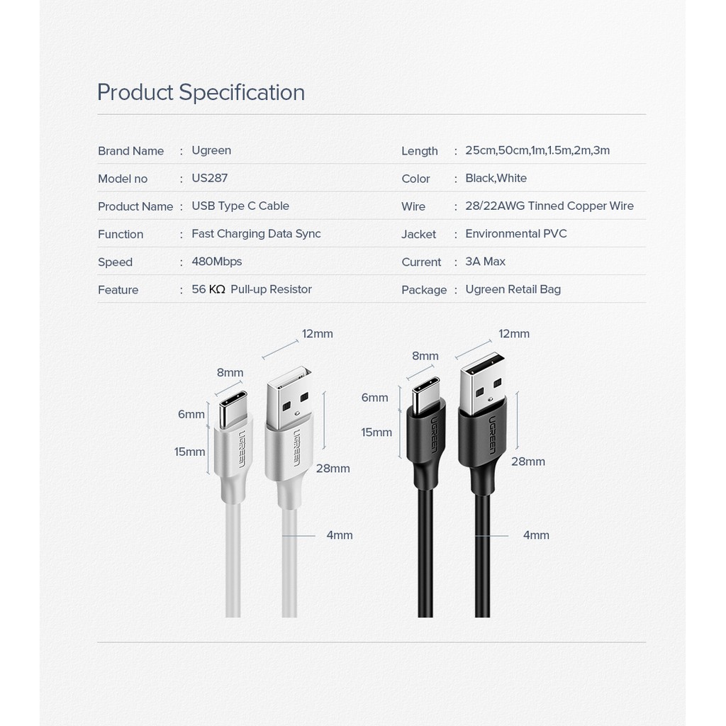 Dây cáp sạc nhanh/ truyền dữ liệu UGREEN 3A đầu cắm TypeC USB sang Type C | BigBuy360 - bigbuy360.vn