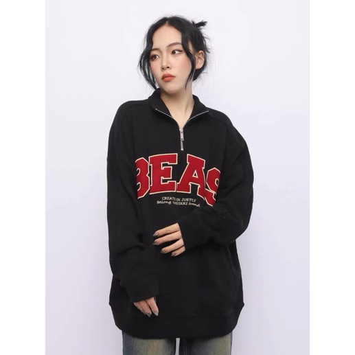 Áo Nỉ Polo Phối Khóa Cổ BEAS nam,Nữ  form rộng tay bồng màu trắng phối chữ đỏ vintage hàn quốc[FREESHIP] .