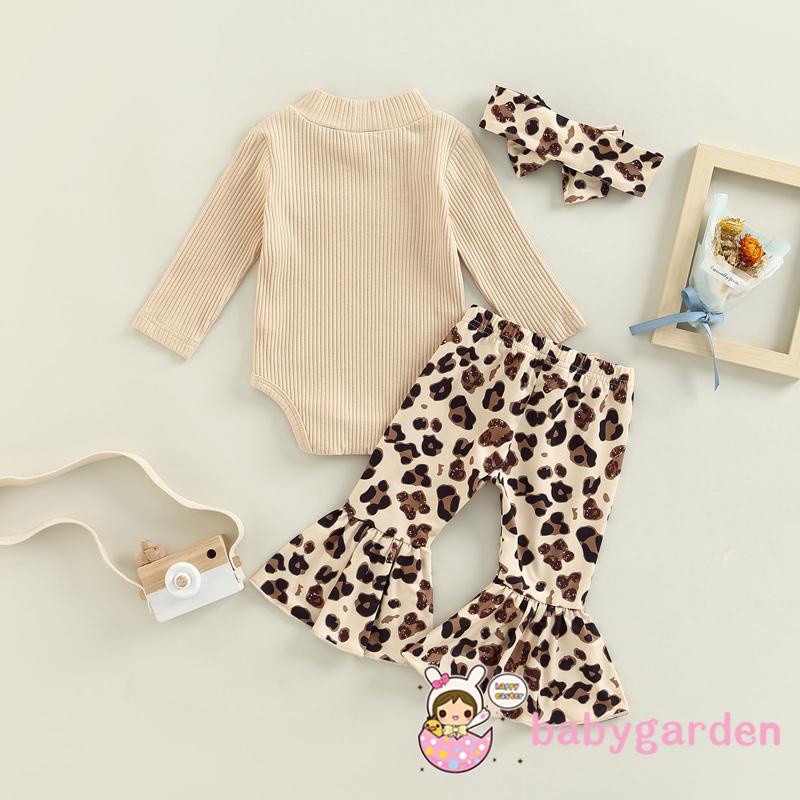 Set Áo Liền Quần & Quần Dài & Băng Đô Quấn Đầu In Họa Tiết Da Báo Cho Bé Gái 0-18 Tháng Tuổi