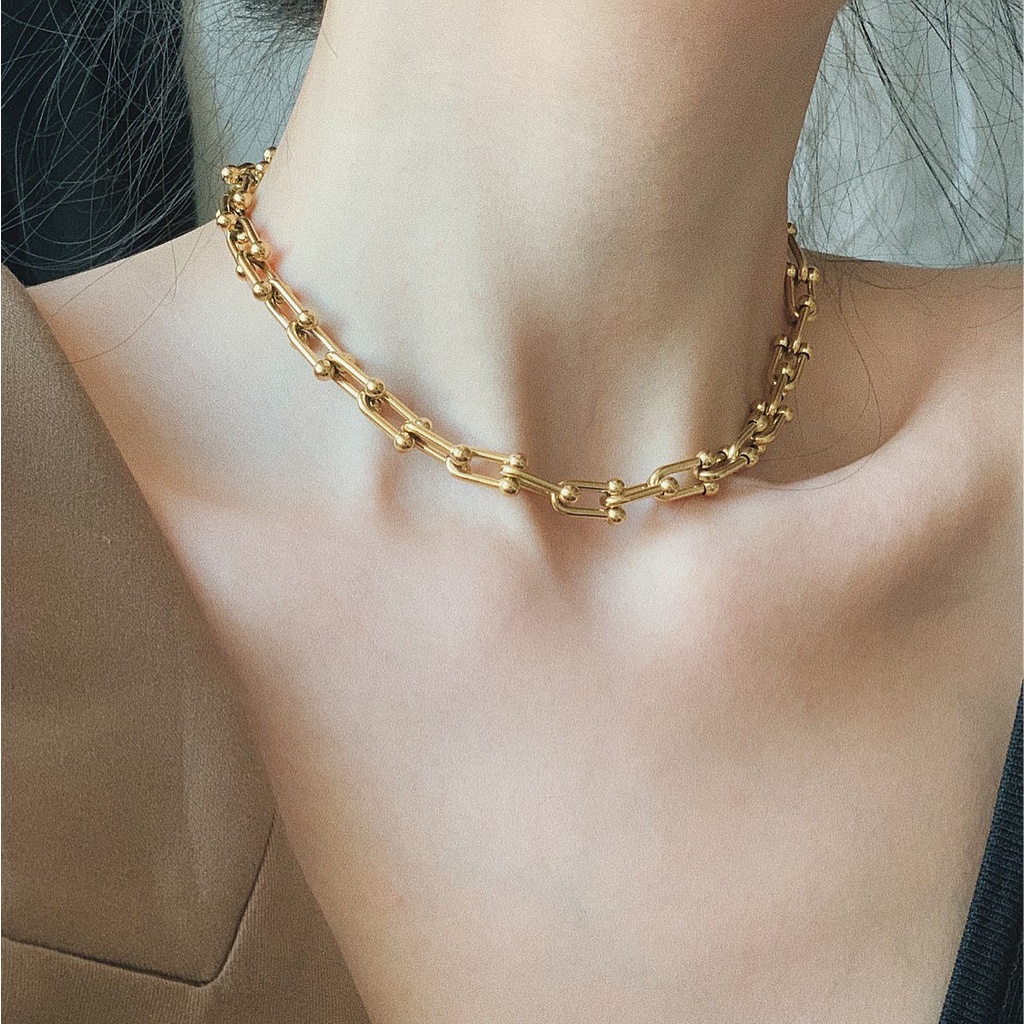 Choker vòng cổ nam nữ unisex titan kiểu xích hình khóa móng ngựa không gỉ