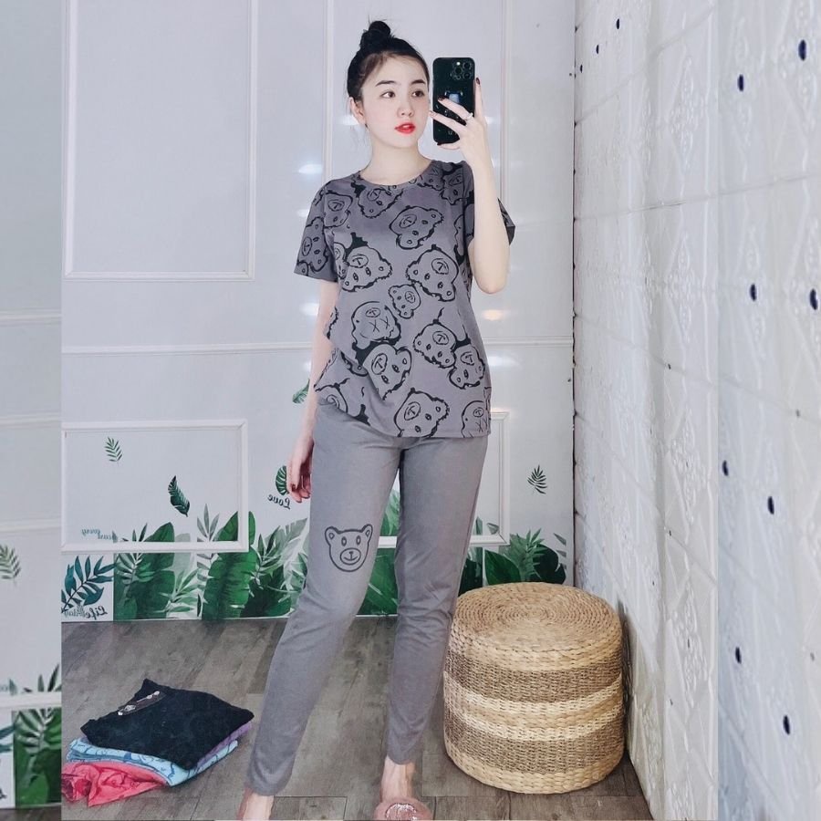 Đồ Bộ Nữ Bigsize 43-85kg Thun Cotton Quần Dài In Gấu Dễ Thương Mặc Nhà Mùa Hè Trung Niên ESHOP DB17